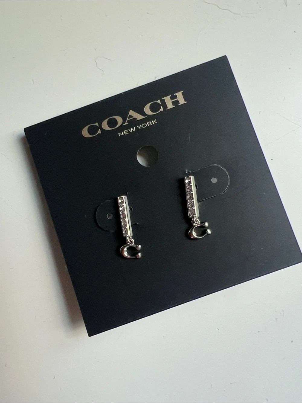 Coach Silver Crystal Bar Earrings with 'C' Charm